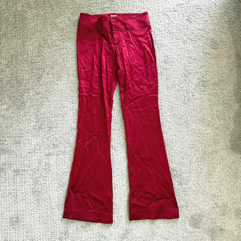 Vintage Y2K Cache Red Satin Flare Leg Pants Size 2 Bootcut Glam Bold Mallcore